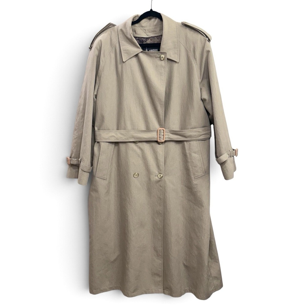 Vtg London Fog Double Breasted Trench Coat Woman's 18 Reg Beige Floral Lining